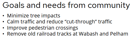 Goals and needs from community
• Minimize tree impacts
• Calm traffic and reduce "cut-through" traffic
• Improve pedestrian crossings
• Remove old railroad tracks at Wabash and Pelham