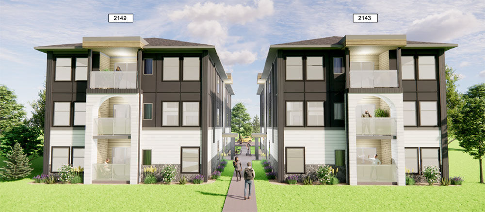 A rendering of two six-unit buildings that will replace single-family homes on Selby Avenue in St. Paul, across from the University of St. Thomas.