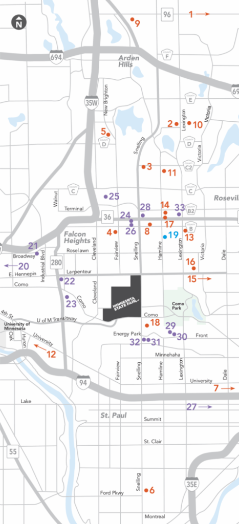 A Map of the park and ride parking lots managed by the MN state fair. These lots are closer to the fairgrounds and are served by shuttle service 