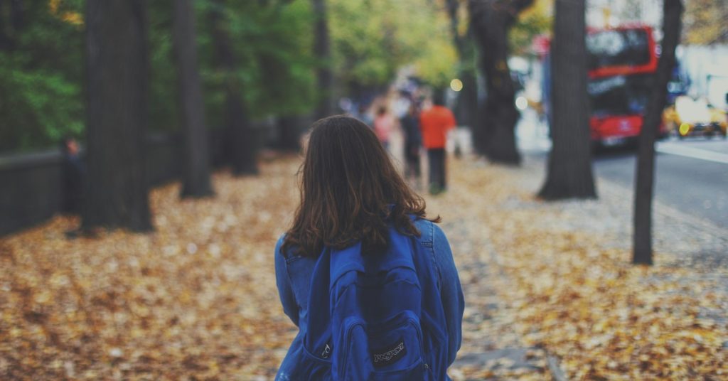 The back of a girl with long brown hair and a backpack walking on a leaf-strewn path.