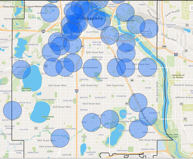 A map of the Kingfield neighborhood in Minneapolis with blue circles delineating the beer and liquor stores.