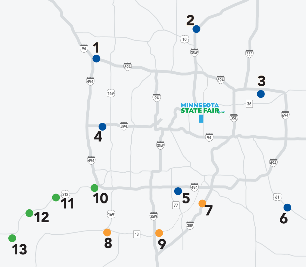 A map of the Twin Cities region with park and rides operated by the major metro area transit agencies. Six park & rides are operated by Metro Transit, three by MVTA, and four by South West Transit 