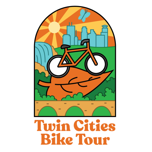 Logo for Twin Cities Bike Tour featuring a bicycle, Stone Arch Bridge, fall foliage, a waterfall, and city skyline.