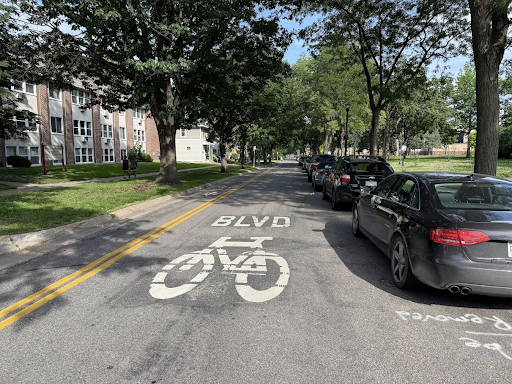 A residential street with cars parked on one side and a large bicycle boulevard symbol painted on the pavement. Other than paint markings, no dedicated bike infrastructure is visible.