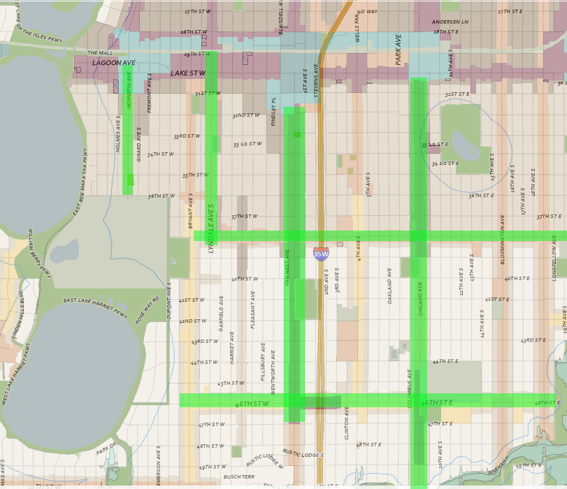 A map of south Minneapolis with Hennepin Ave, Lyndale Ave, Nicollet Ave, and Chicago ave running north-south highlighted in green. 38th Street and 46th Street are also highlighted in green, making roughly 7 by 7 block grids on the map.