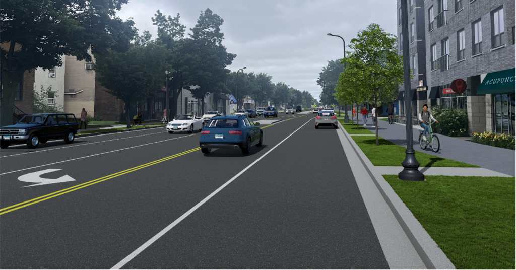 Render of Lyndale Ave concept plan at 2700 block of Lyndale Ave S showing travel lanes, a center turn lane, wide parking lanes, and a shared-use path.