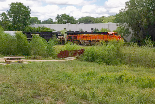 Pasture in foreground with BNSF freight train in the background.