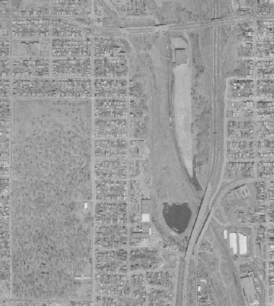 1991 aerial photo of Trout Brook area; only about 3 tracks remain and 35E is shown.