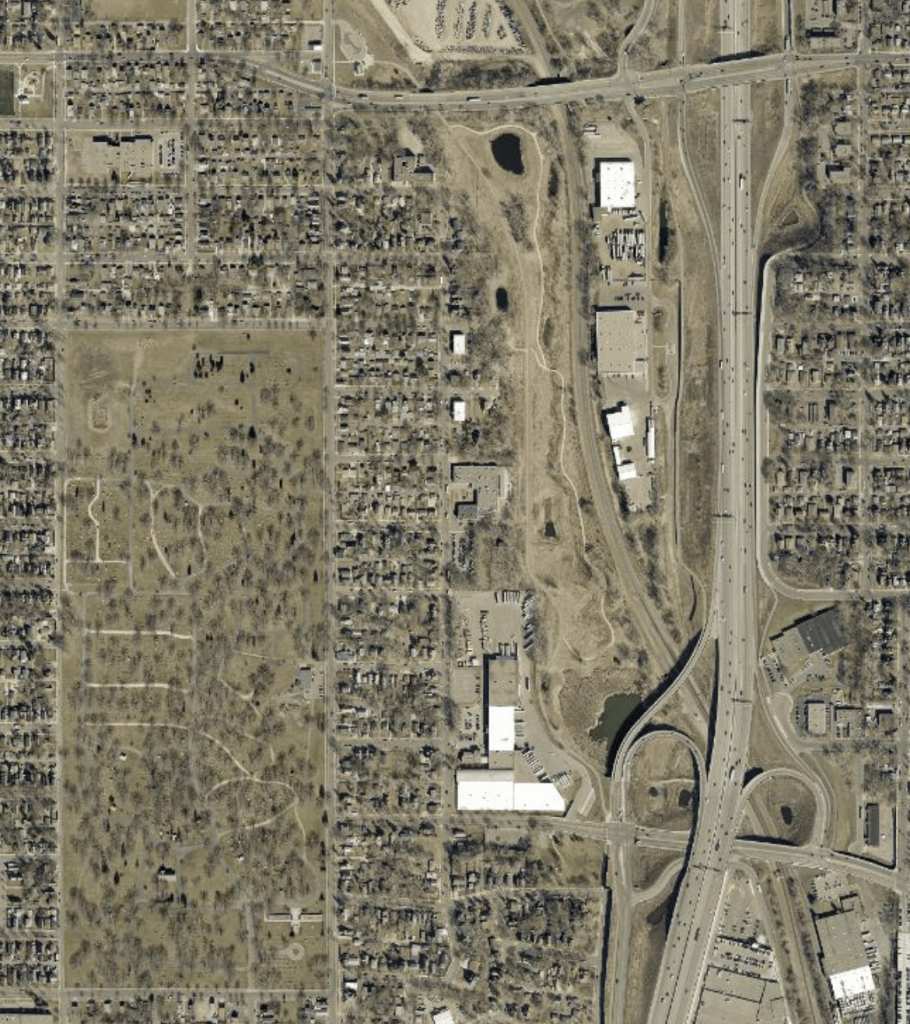 2024 aerial of Trout Brook area and paved trails through the Trout Brook Sanctuary were clearly visible.