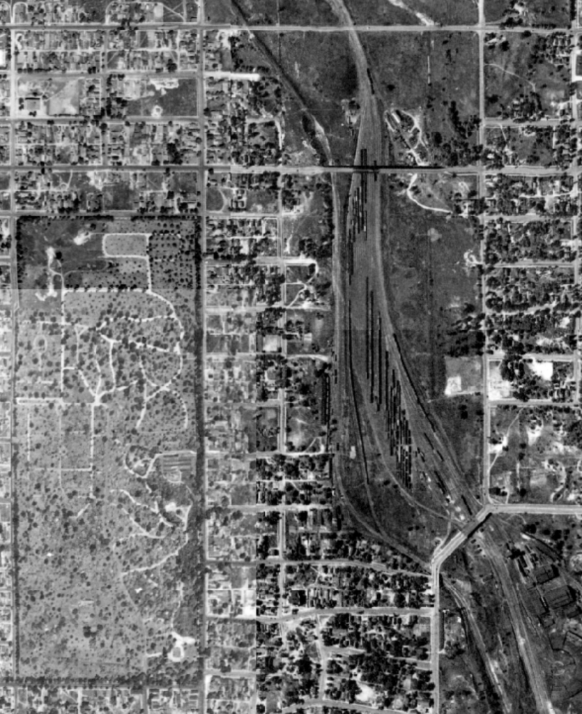 Aerial photo of Trout Brook area in 1940 with about 20 rail lines