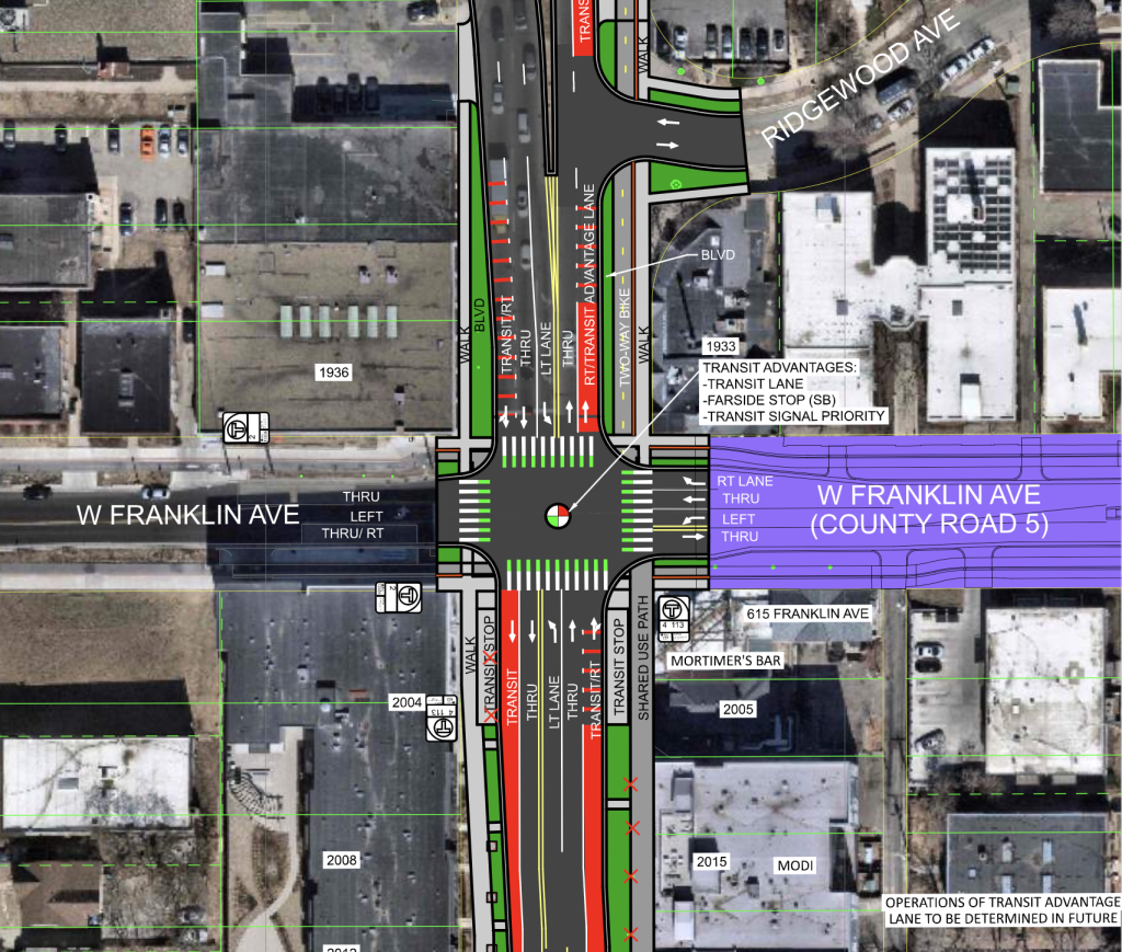 Screenshot of the Lyndale Avenue plan at the Franklin Avenue intersection. There are bus lanes for both directions, but southbound ends south of Franklin Ave. There is a two-way bike path north of Franklin Ave and a shared-use path south of Franklin Ave.