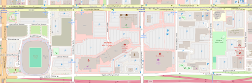 Street map of the Midway area between Snelling Avenue on the left and Griggs Street on the right. The map shows major streets including University Avenue at the top and I-94 at the bottom. Visible landmarks include Allianz Field stadium on the left, Midway Marketplace shopping center in the middle, and several other commercial buildings, parking lots, and side streets.