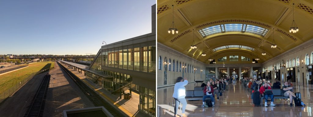 Left: Union Depot train platform at sunrise. Right: Union Depot train station waiting area with comfortable seats.