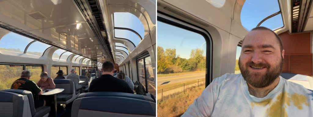 Left: Observation car on the Empire Builder with glass roof. Right: Selfie photo of Conrad the author in the observation car.