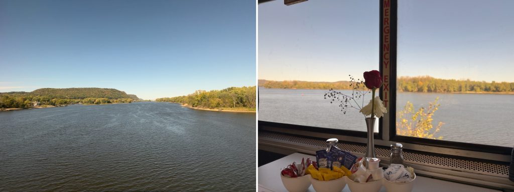 Left: Crossing the Mississippi River from Minnesota to Wisconsin on a railway bridge. Right: A single rose and condiments by the window of the dining car.