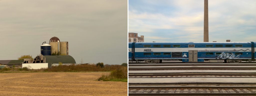 Left: Farm homestead along the train route with harvested corn field, a barn, and grain silos. Right: A Chicago Metra train designated for passengers with bicycles.