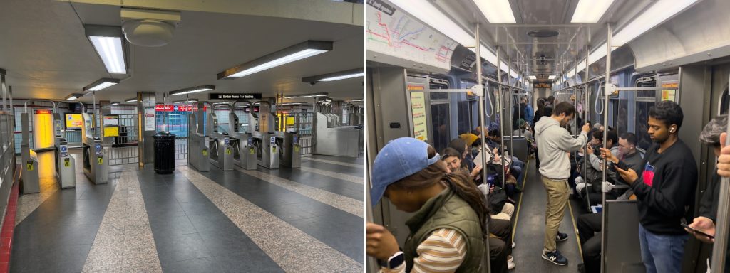 Left: Subway turnstiles on the Chicago Red Line. Right: A half full subway car on the Red Line.