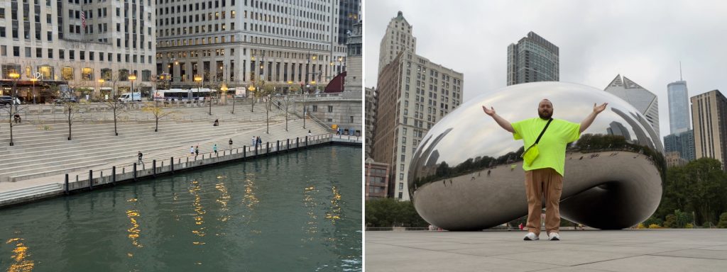 Left: Riverwalk giant steps and trees. Right: Conrad with his arms outstretched in front of Cloud Gate, also known as the bean.
