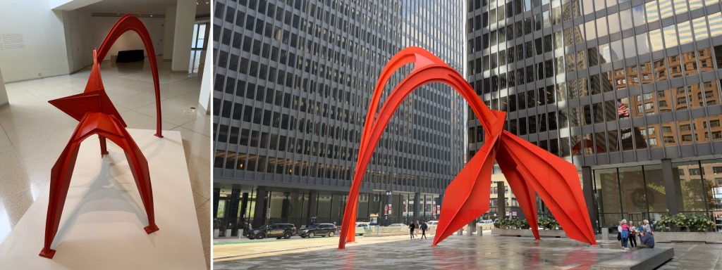 Left: Miniature Flamingo sculpture that is around four feet tall. Right: Large Flamingo sculpture that is 53 feet tall.