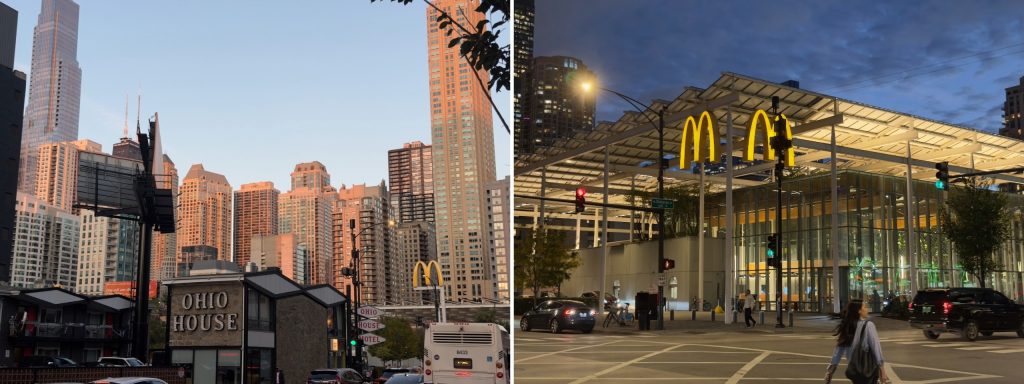 Left: Ohio House affordable housing and McDonald's restaurant stand in height contrast to much taller high density housing and offices in surrounding blocks. Right: McDonald's rebuilt in 2018 that has a drive-through.