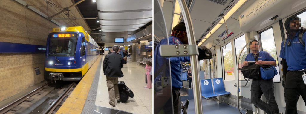 Left: Light rail train car rolls into the underground light rail station at Terminal 1. Right: Metro Transit TRIP agents on a light rail car, with faces blurred.