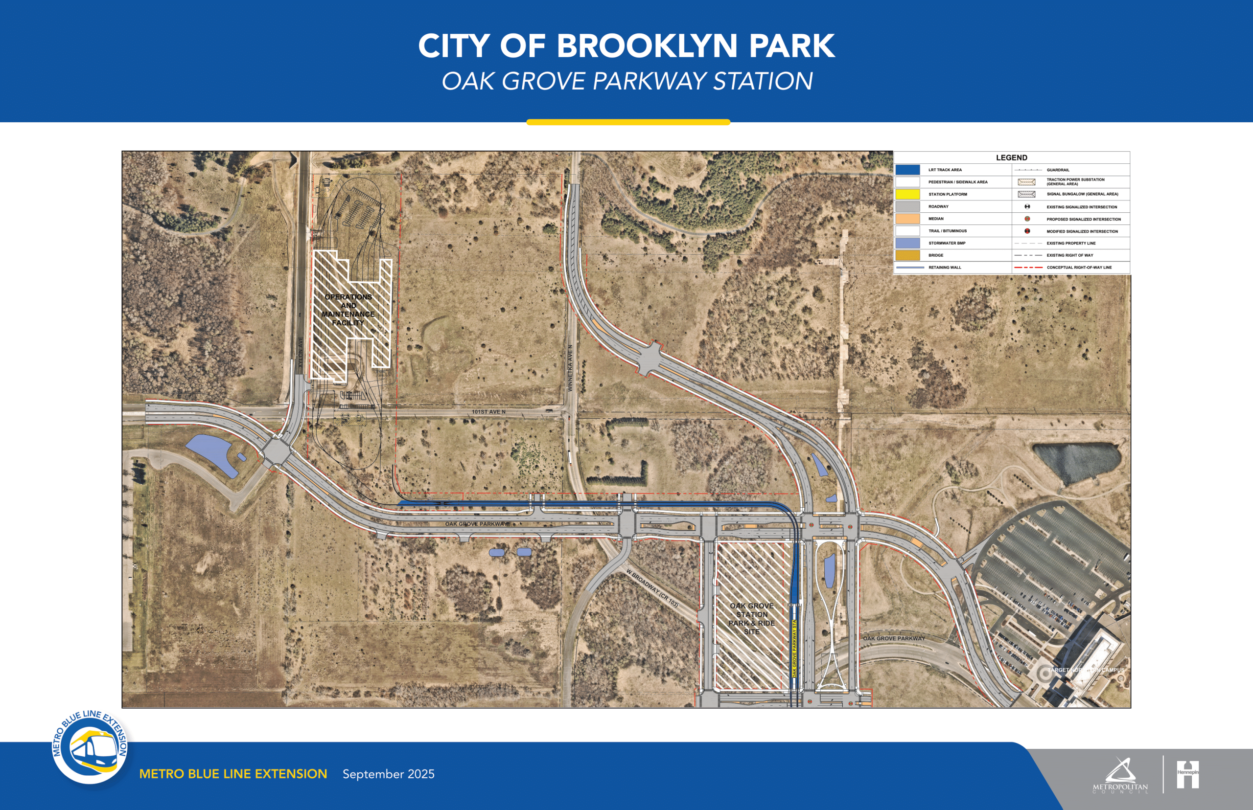 60% design engineering drawings atop satellite imagery for the planned Oak Grove Parkway station as a part of the Blue Line Extension.