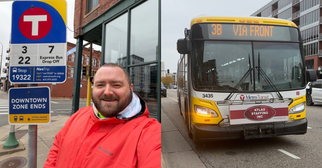 Left: Conrad Zbikowski at a bus stop at 11th Avenue South for Routes 3, 7, and 22. Right: A Route 3B bus arriving at the bus stop.