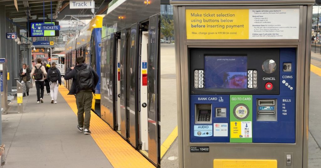 Left: METRO U.S. Bank light rail station. Right: Payment kiosk where you can pay for a fare ticket or validate your Go-To Card.
