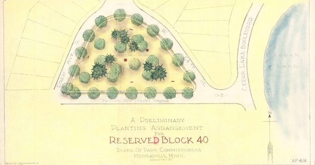 Color map detailing planned landscaping for Reserve Block 40, including trees, sidewalks and benches.