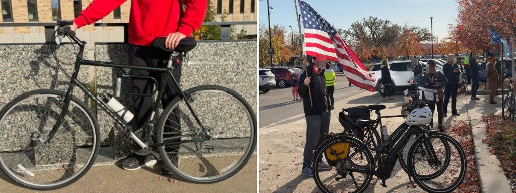 A man with a bicycle. Demonstrators with an American flag and bicycles.