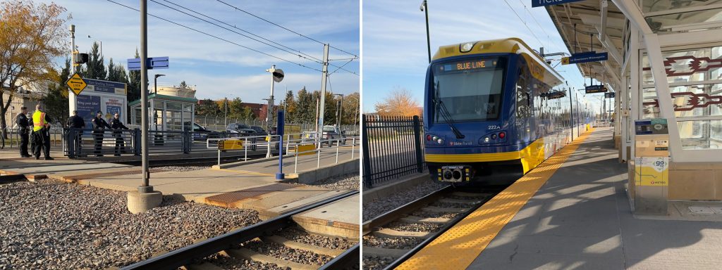 Metro Transit Police standing at the light rail station. A light rail train arriving at the station.