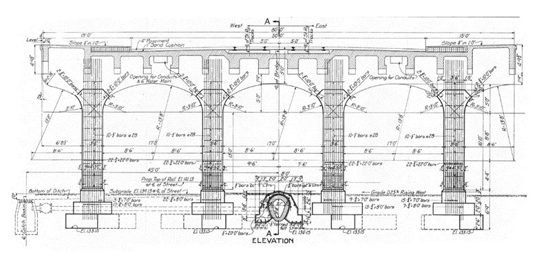 Design drawing of the Nicollet Ave bridge looking along the direction of the bridge. Measurements for the footings, piers, arches, deck, parapets, sewer, utilities, and other features are noted.