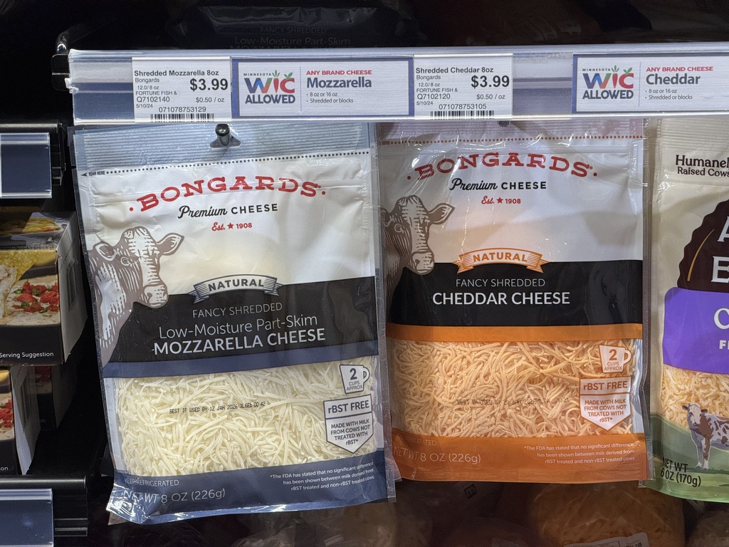 Bags of mozzarella and cheddar cheeses at the Wedge Co-op on Lyndale.
