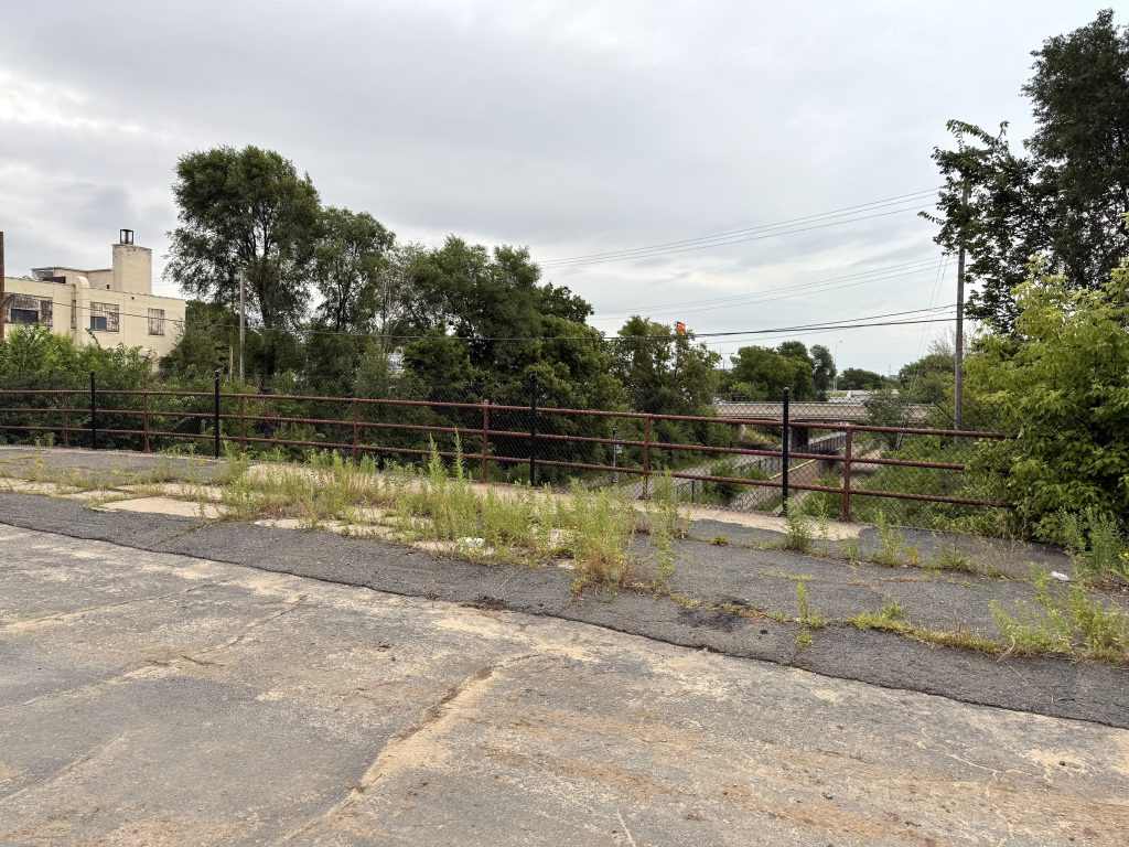 Amidst vegetation growing on the bridge, a rusty metal railing is at the edge of the sidewalk. A chain link fence is installed inside along the railing.