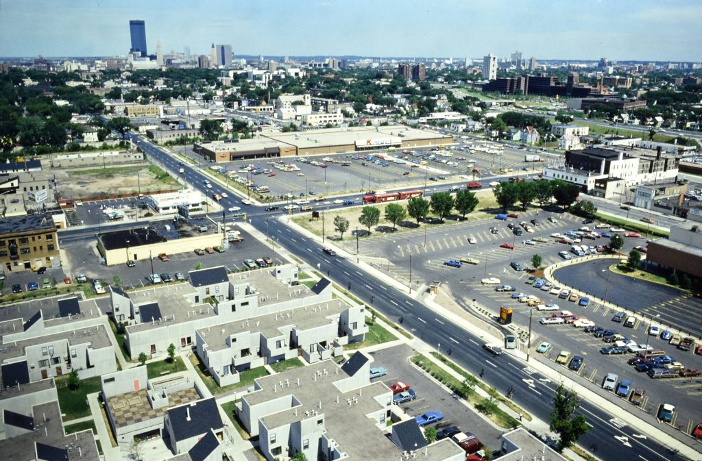 1978 photo from perhaps 150 ft up, showing the new Kmart and other stores, severing Nicollet Ave. New multi-family housing is in the bottom of the image.
