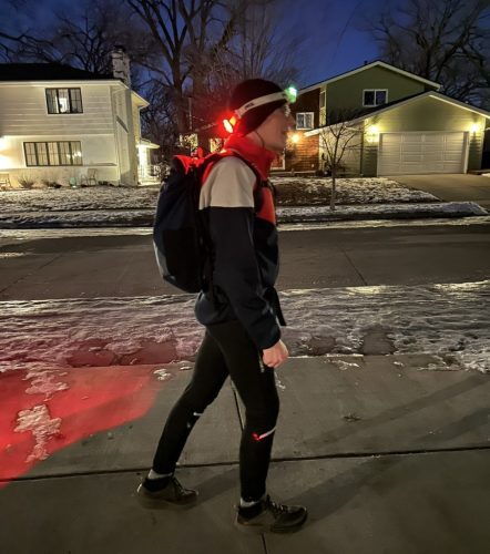 Baxter on a snowy residential street in the evening, wearing a headband that features both a headlight and a taillight.