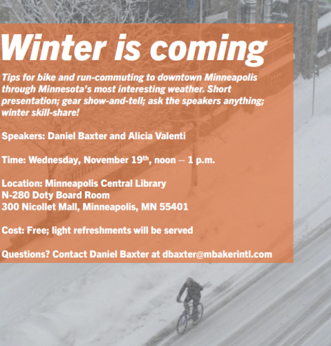 Flyer titled "Winter is coming." Event details are superimposed on a birds-eye view of a cyclist biking down a street in a snowstorm.