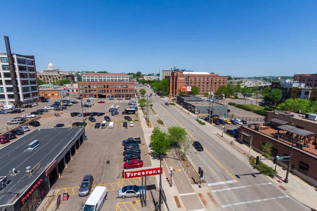 View of the street and surrounding areas from the eighth level of the parking ramp.