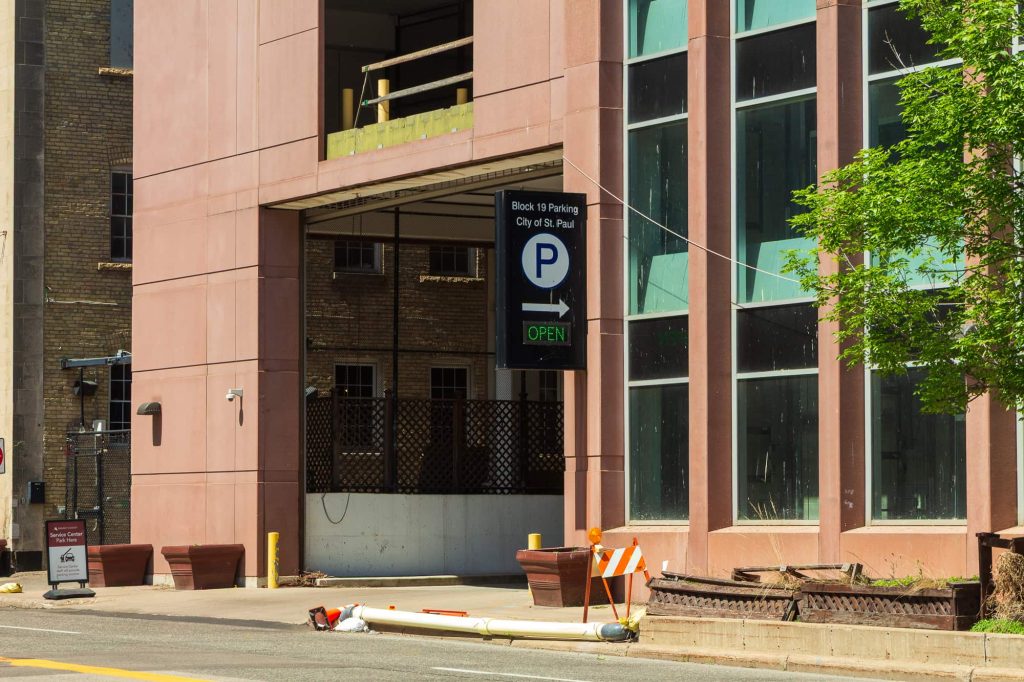 The main entrance to Block 19 Parking on East 7th Street.