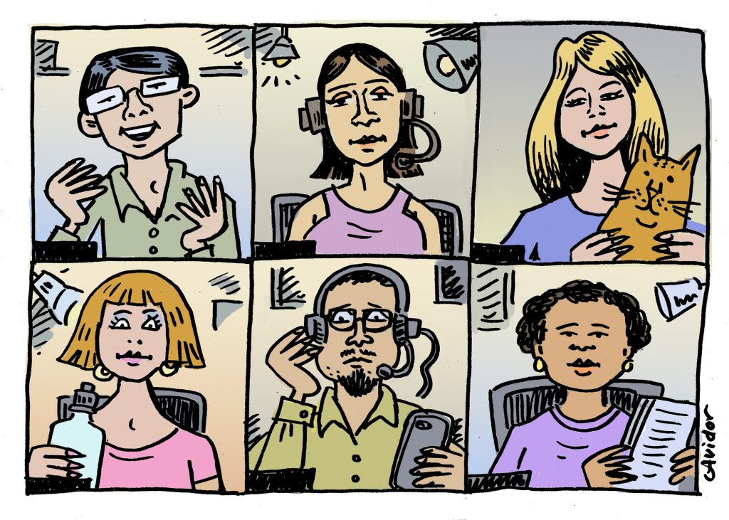 Cartoon of 6 people on a Zoom call.