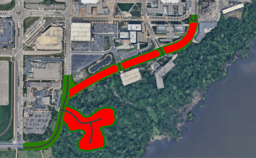 Satellite view Old Shakopee Road, with several blocks highlighted in red.