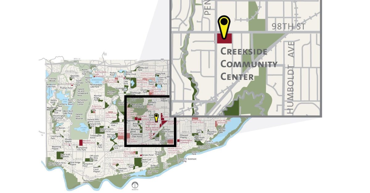 Map of the area around Creekside Park with a zoomed-in section showing its exact location at 98th St and Penn Ave