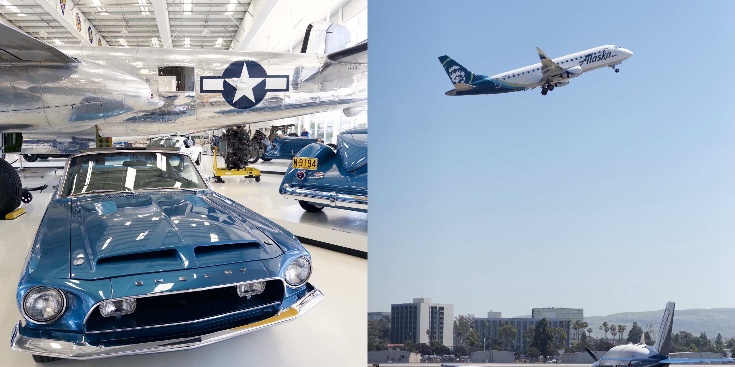 Left: Shelby classic sports car and B-24 Liberator aircraft at a museum. Right: A commercial aircraft takes off from the runway.