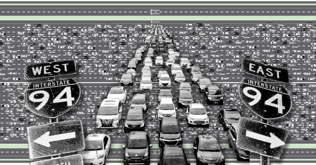 Photo collage showing a traffic jam and I-94 road signs