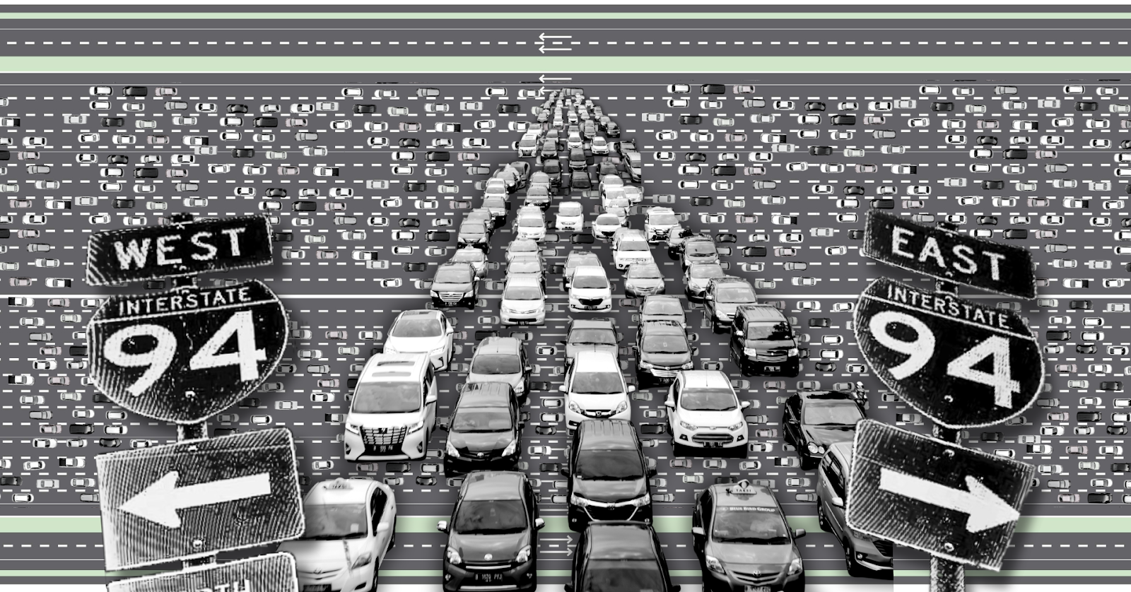 Photo collage showing a traffic jam and I-94 road signs