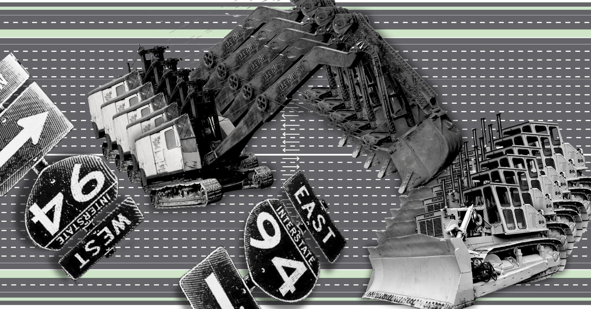 Photo collage showing a 30-lane freeway design with I-94 signs and 1960s era digging machines