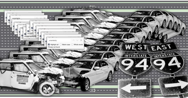 Photo collage featuring I-94 road signs, two cars colliding in a crash test, and the result of a document search for the word uncertainty, which is word not found.