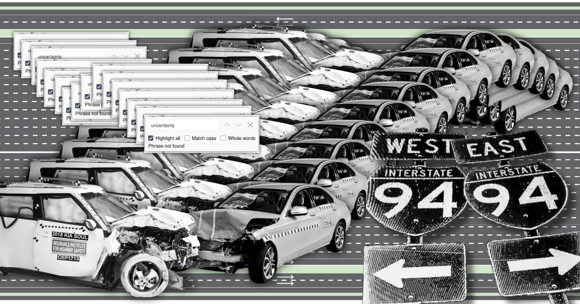 Photo collage featuring I-94 road signs, two cars colliding in a crash test, and the result of a document search for the word uncertainty, which is word not found.