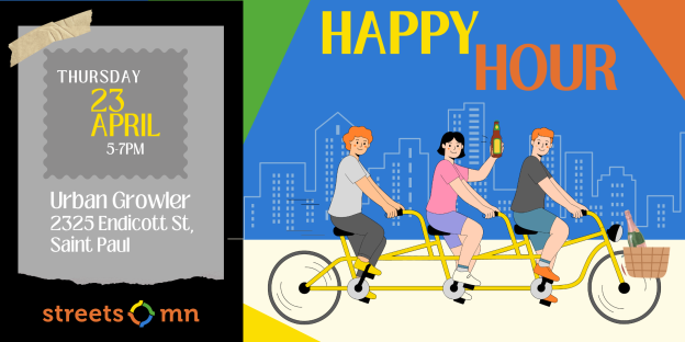 promotional image for happy hour featuring a three person bicycle