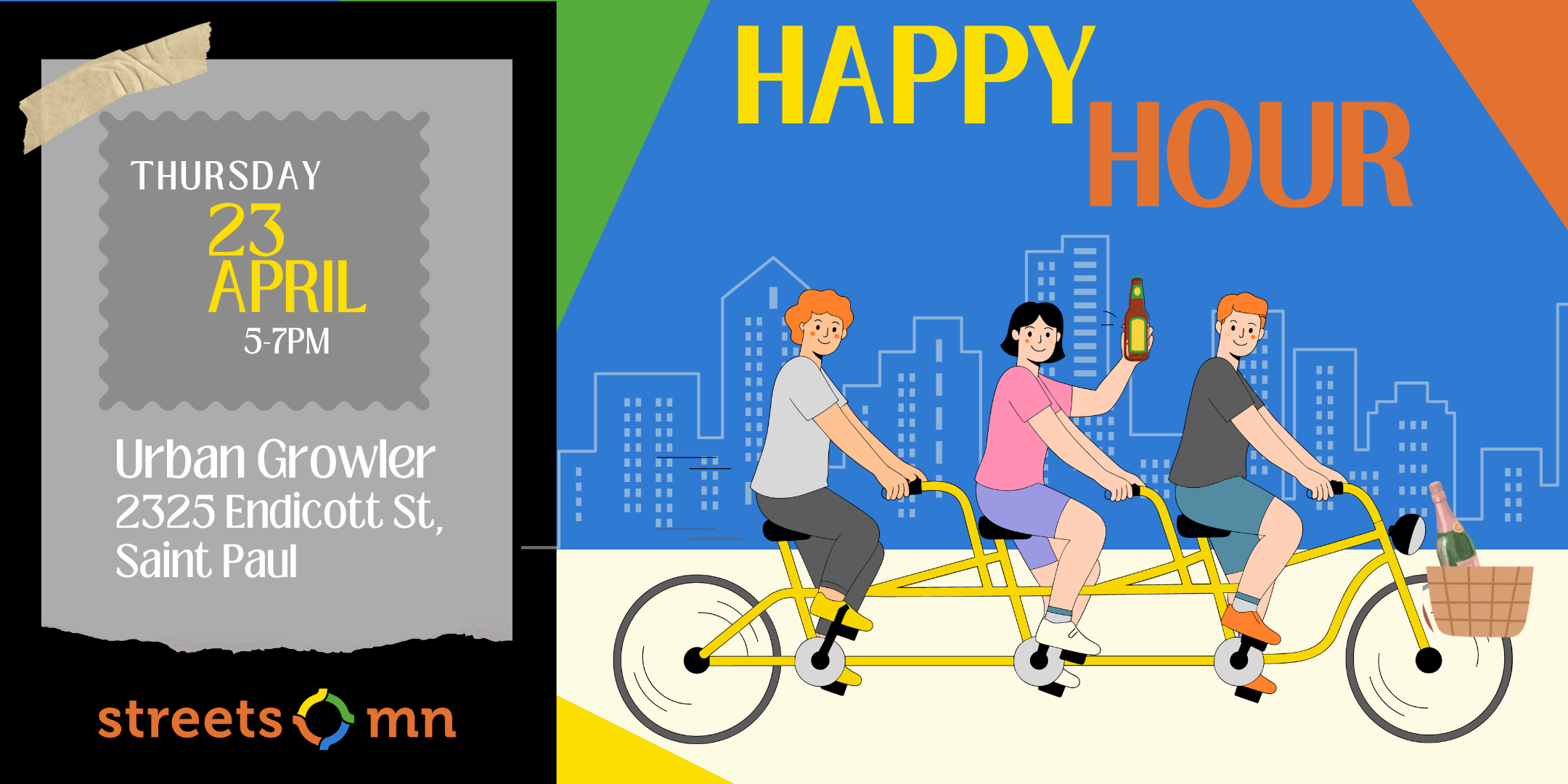 promotional image for happy hour featuring a three person bicycle